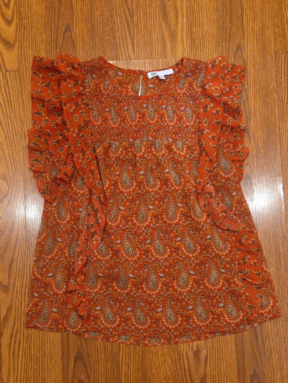 DR2 Rust Orange Paisley Ruffle Sleeve Blouse With Ruffles